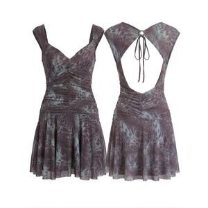Silence + Noise Blue Leopard Mesh Mini Dress Y2K Grunge Sleaze Ruched Flared M